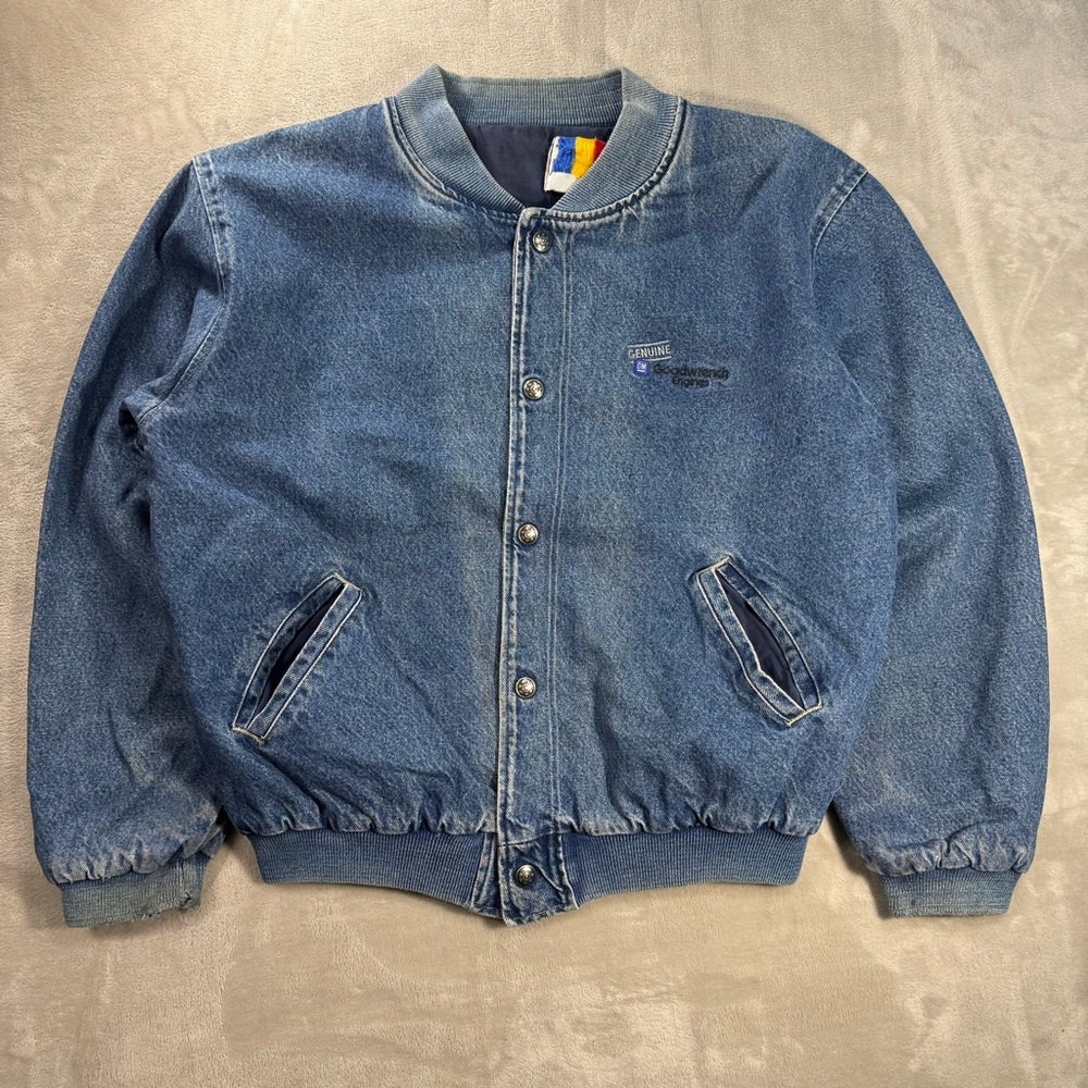 Vintage Hartwell ViaSport Denim Jean Varsity Bomber Jacket Sz L USA Embroidered